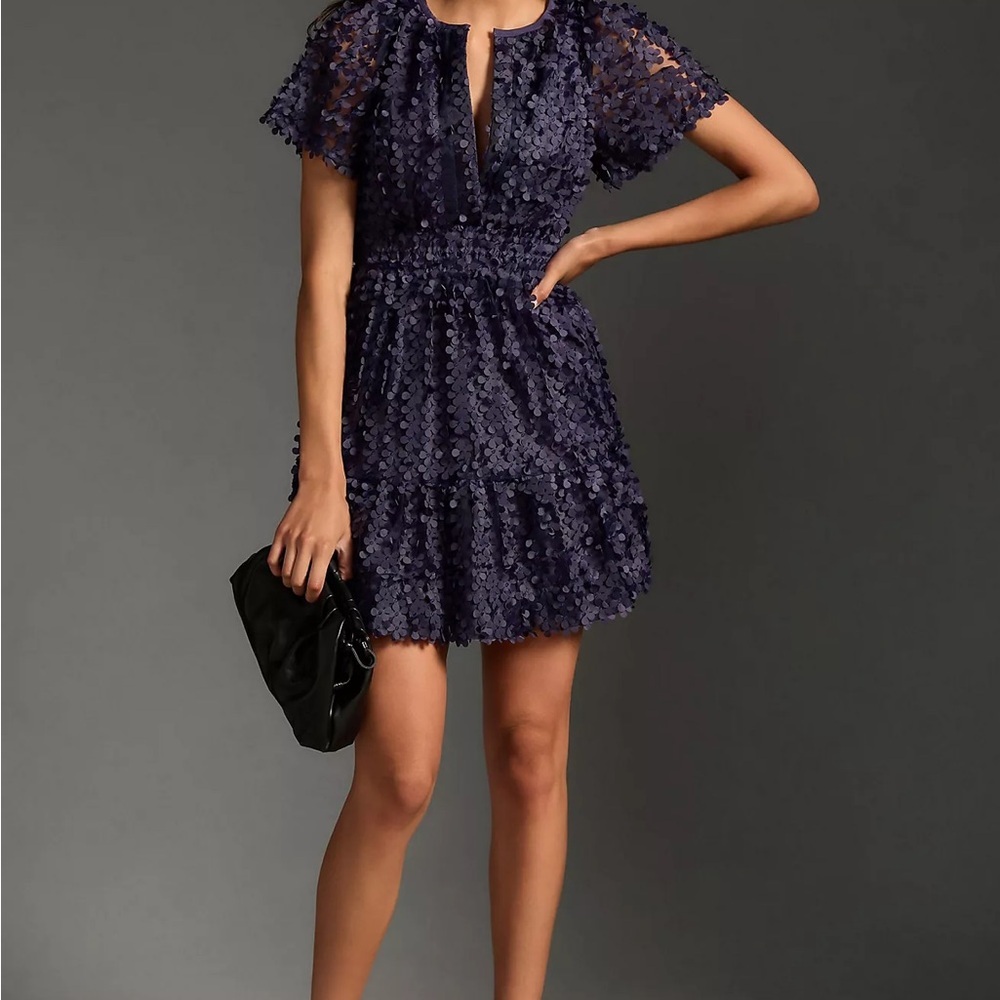 Anthropologie Navy Somerset Appliqué Floral Textured Mini Dress